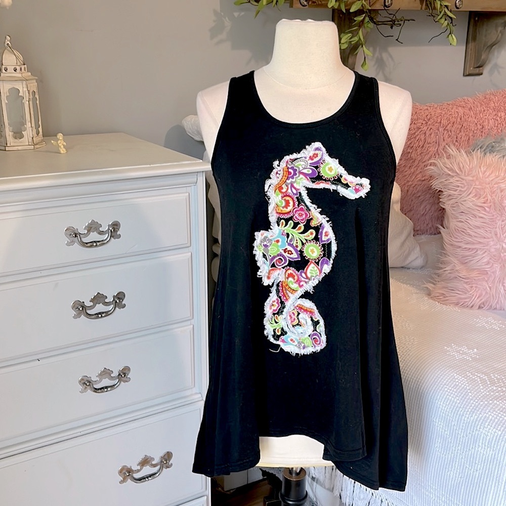 Black flowy tank DoublJu J Tomson top seahorse S Womens Appliqué Boutique